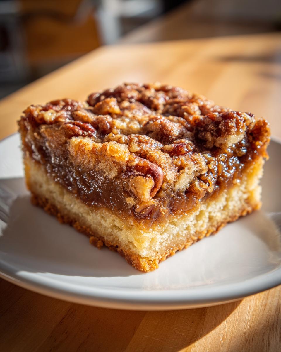 A close-up, sunlit photo of a single, thick pecan pie bars slice on a white plate.