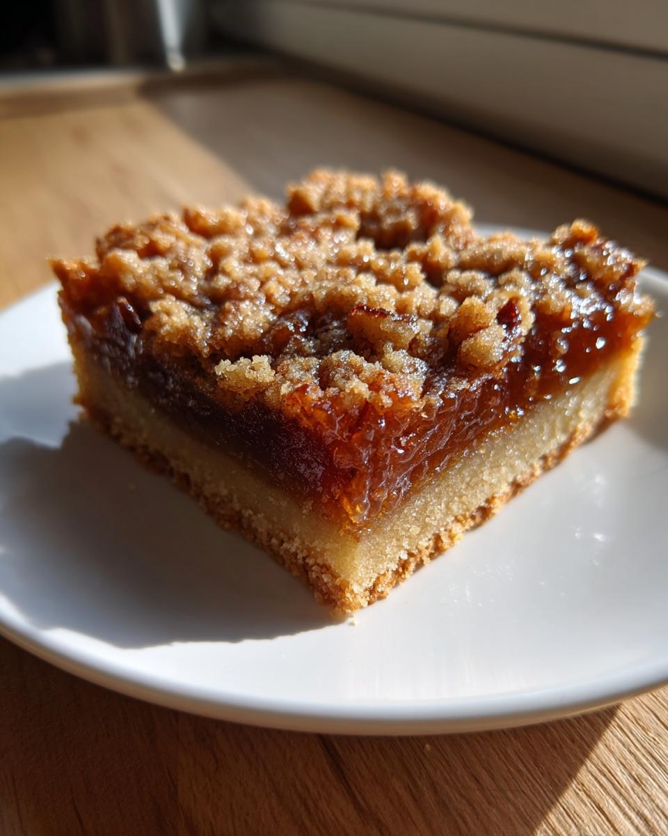 A close-up of a single square of pecan pie bars with a gooey filling and crumb topping on a white plate.
