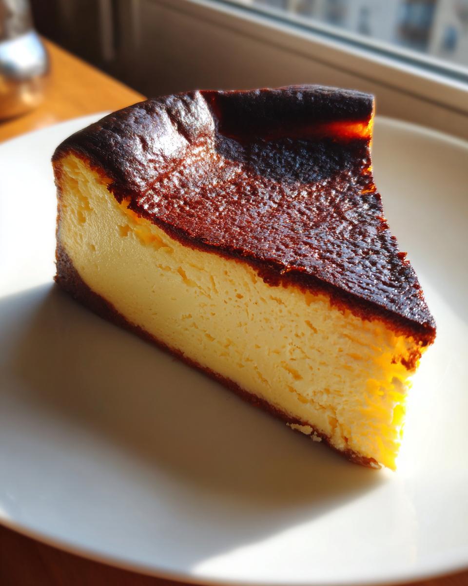 A perfect slice of Basque burnt cheesecake showing its dark caramelized top and creamy interior.
