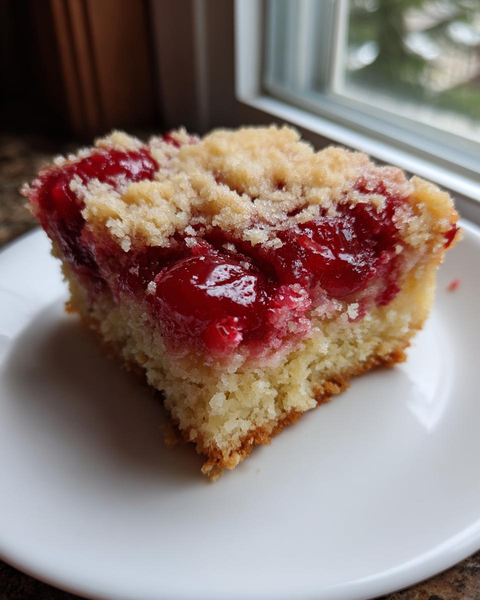 A close-up of a square slice of cherry dump cake showing the moist cake base, bright red cherry filling, and crumb topping.