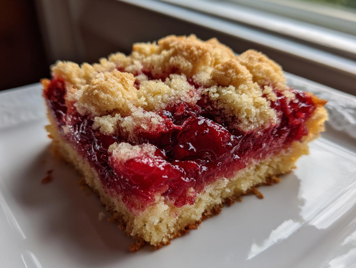 Close-up of a square slice of rich cherry dump cake showing a thick layer of bright red cherry filling and a golden crumb topping.