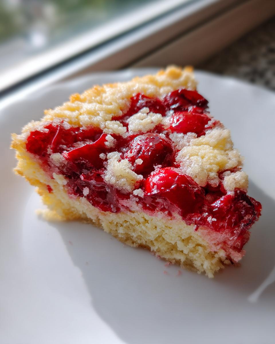 A close-up slice of moist cherry dump cake featuring bright red cherries and a crumbly topping on a white plate.