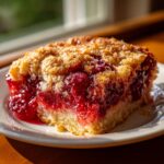 Close-up of a moist slice of cherry dump cake with a crumbly, sugared topping served on a white plate.