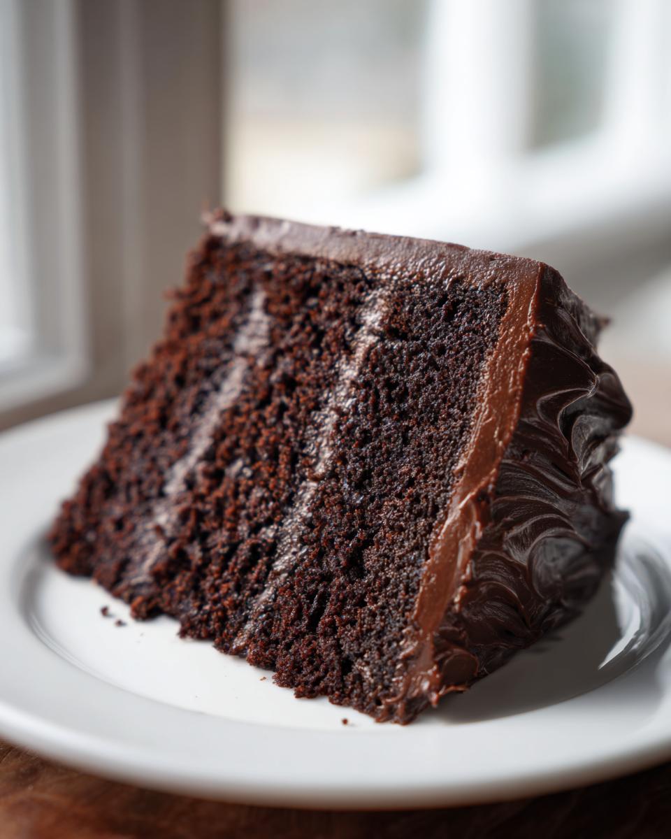 Close-up of a generous slice of moist chocolate fudge cake layered with thick, dark chocolate frosting.