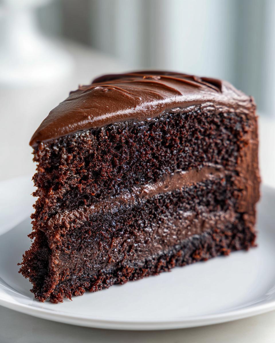 A moist, dark slice of chocolate fudge cake featuring two layers of rich cake separated by fudge filling and topped with thick chocolate frosting.