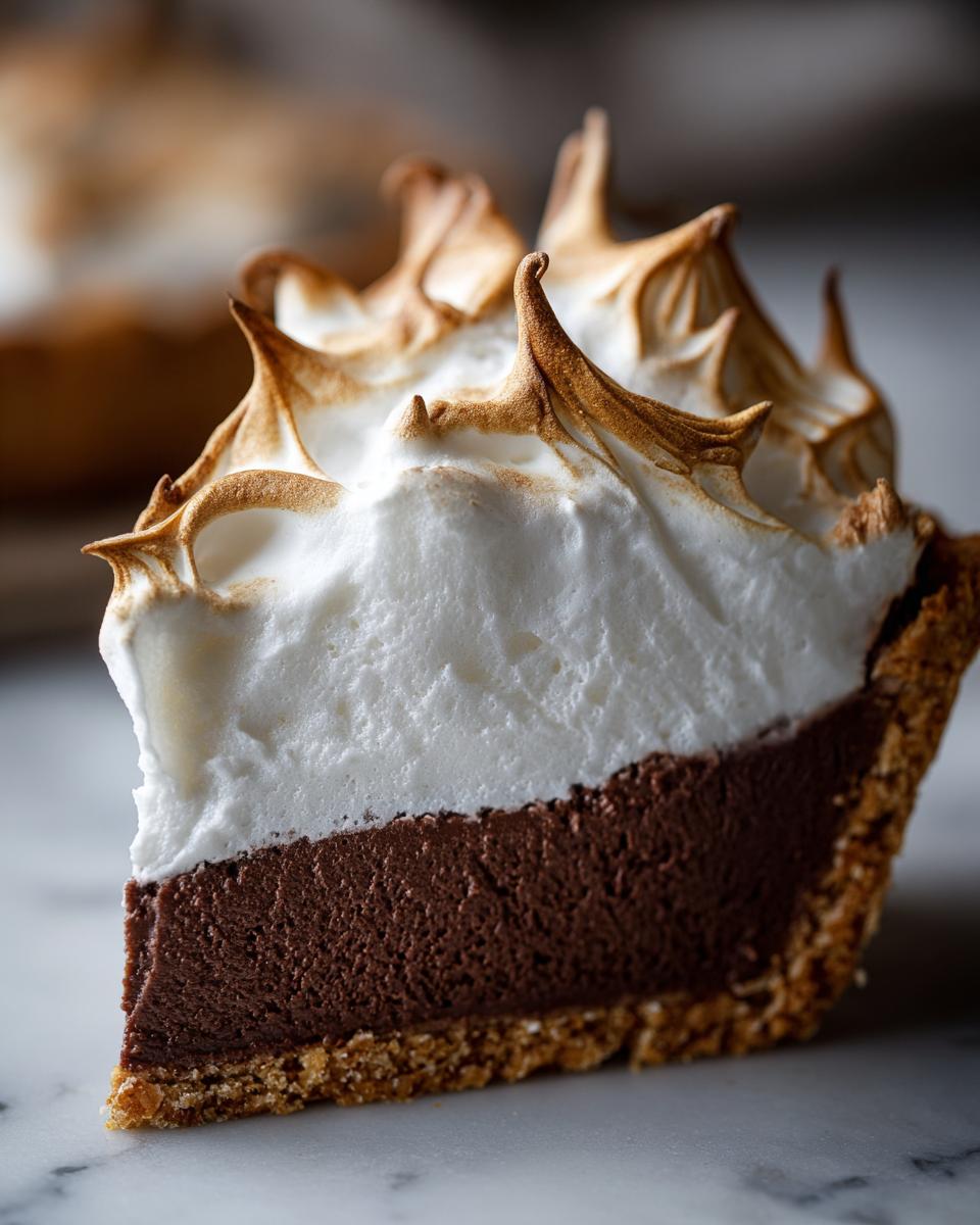 Close-up of a slice of chocolate meringue pie showing the graham cracker crust, rich chocolate filling, and tall, toasted meringue peaks.