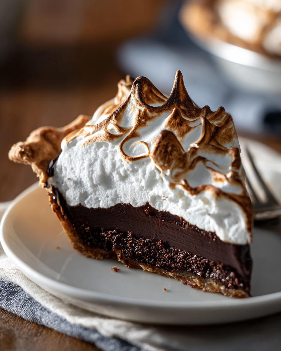 A close-up slice of rich chocolate meringue pie showing the dark chocolate filling and perfectly toasted meringue peaks.