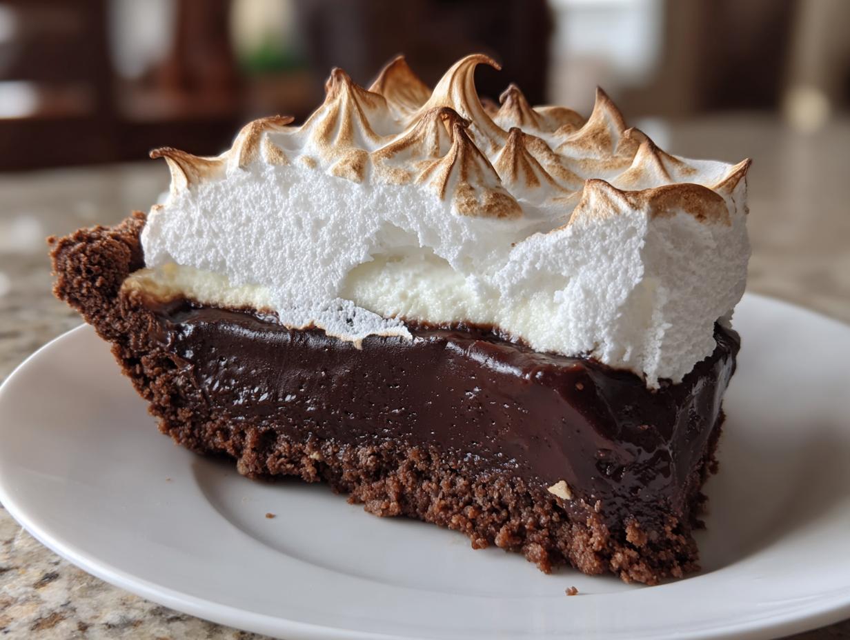 A decadent slice of chocolate meringue pie featuring a dark chocolate filling, chocolate crust, and tall, toasted meringue peaks.