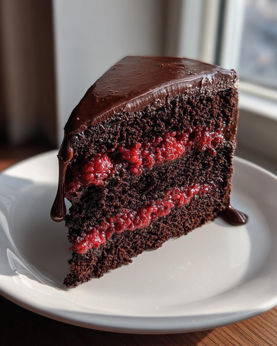 A decadent slice of three-layer chocolate raspberry cake, featuring rich dark cake layers and bright raspberry filling, topped with glossy chocolate ganache.