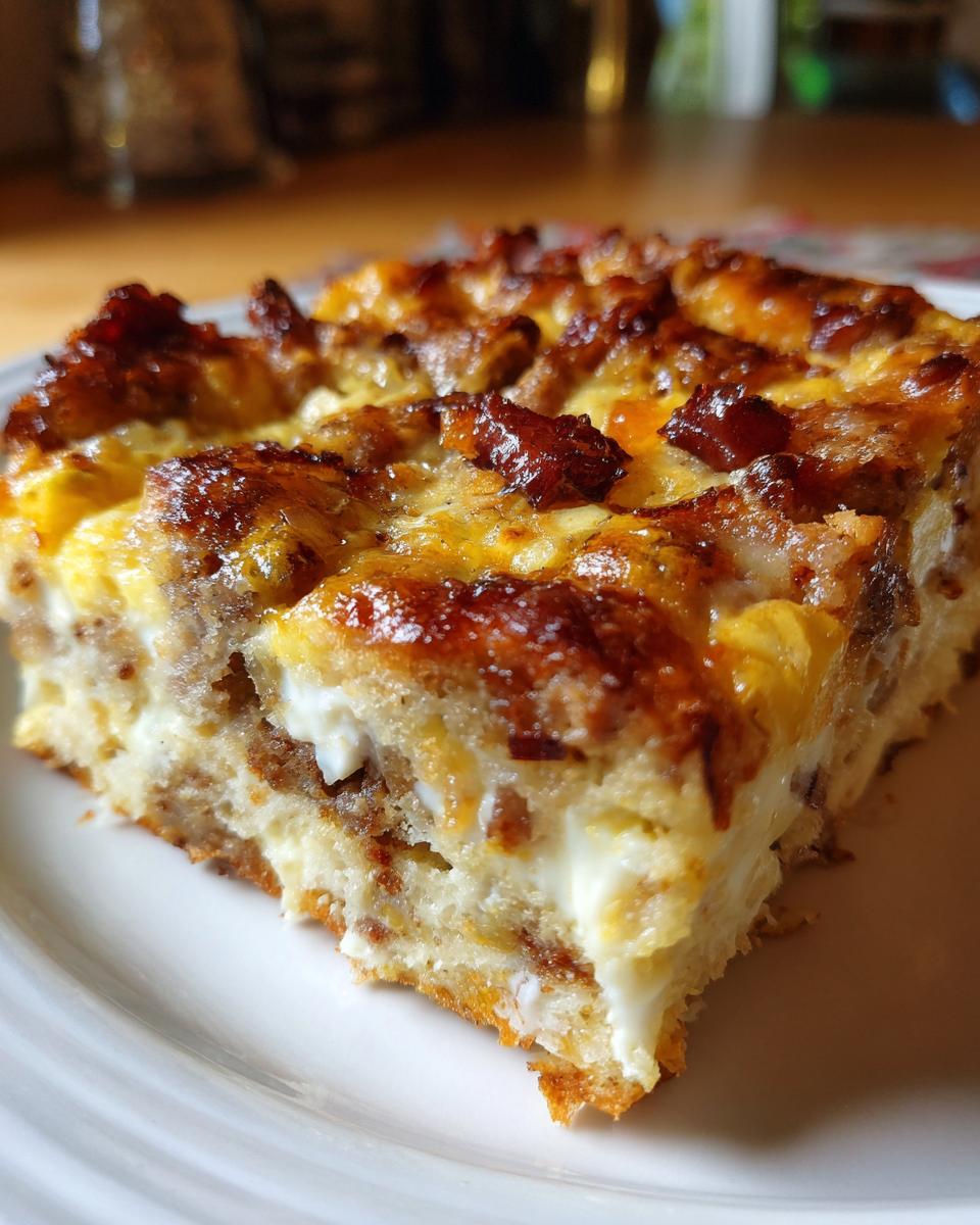 A close-up of a square slice of savory christmas breakfast casserole with browned sausage and melted cheese on top.