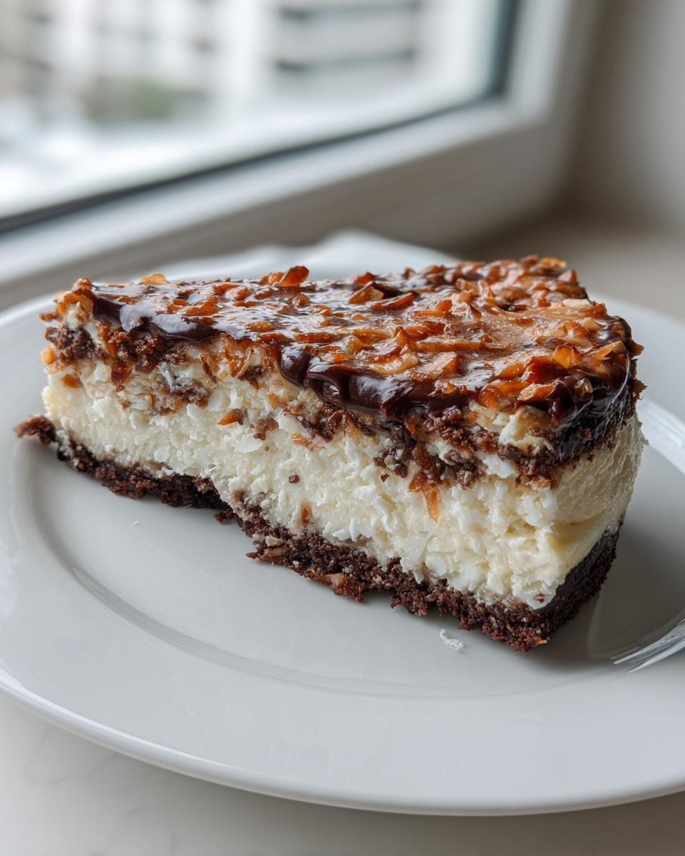 A rich slice of german chocolate cheesecake featuring a dark crust, creamy filling, and a glossy coconut-pecan topping.
