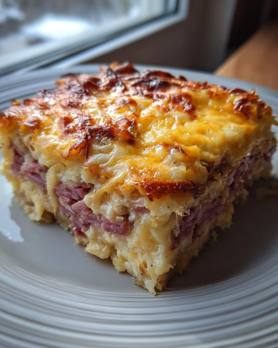 A square slice of homemade Reuben bake featuring layers of corned beef and cheese, topped with a golden-brown, bubbly crust.