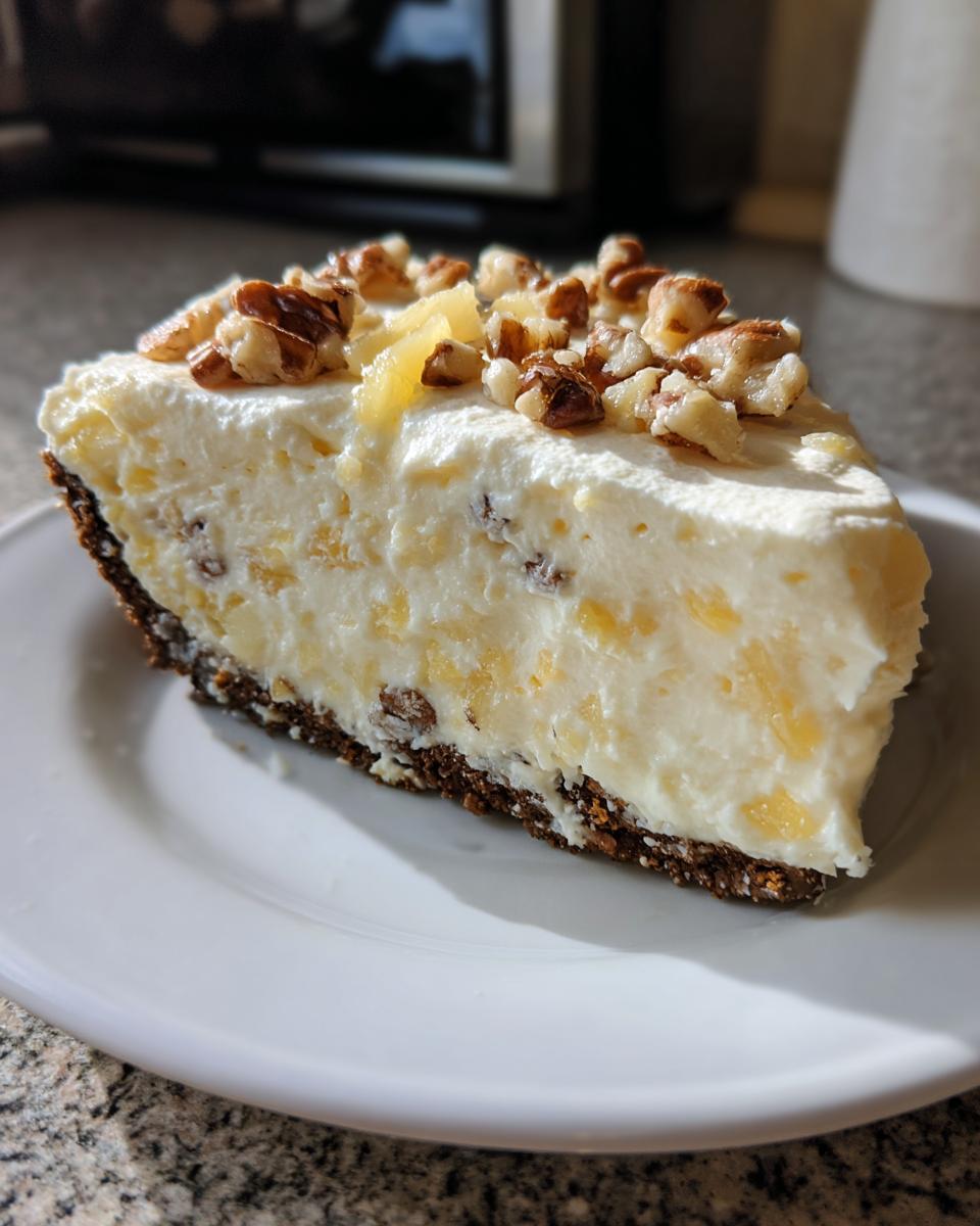 A generous slice of creamy Million Dollar Pie with a dark crust, topped with chopped pecans and pineapple chunks.