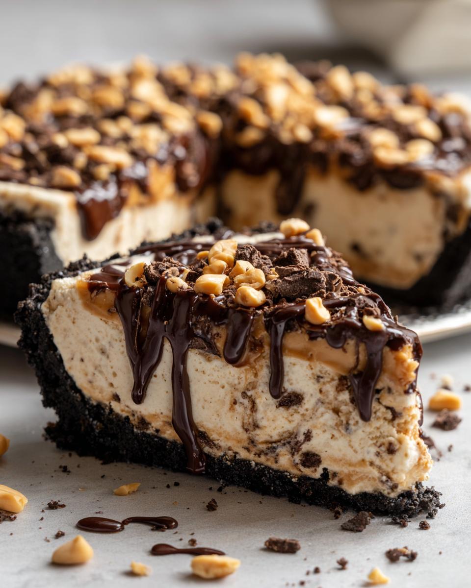 A decadent slice of no-bake ice cream pie with a dark crust, peanut butter filling, chocolate drizzle, and chopped peanuts.