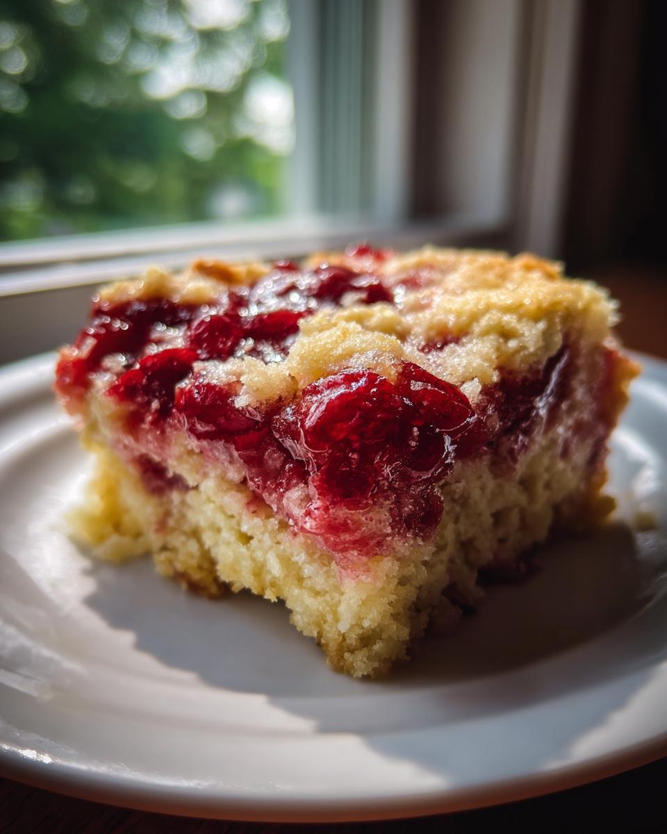 A close-up, sunlit slice of moist cherry dump cake with a crumbly topping served on a white plate.