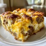 Close-up of a hearty slice of christmas breakfast casserole with sausage and melted cheese.