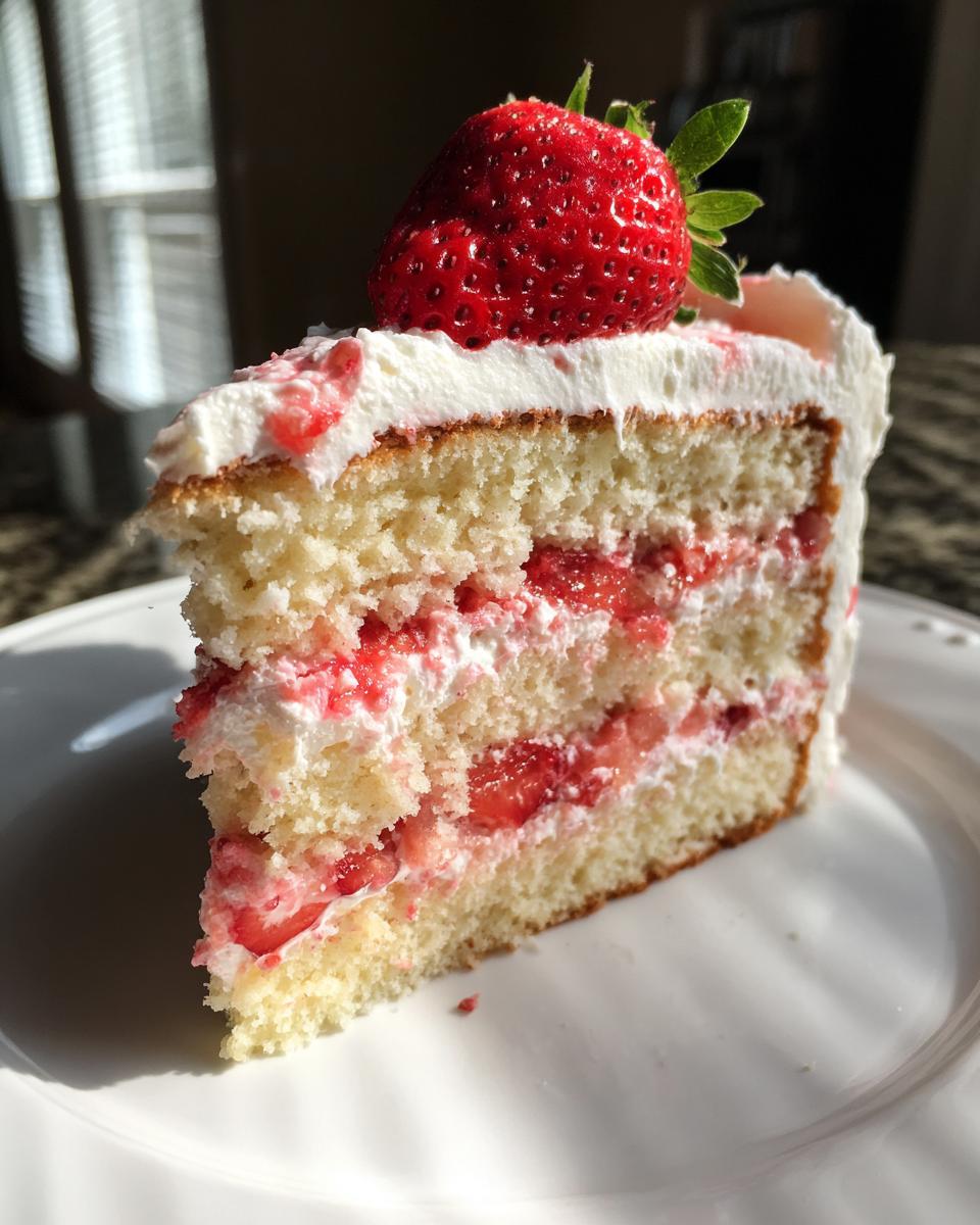 Close-up of a moist slice of strawberry cake layered with cream and fresh strawberries, topped with a whole strawberry.