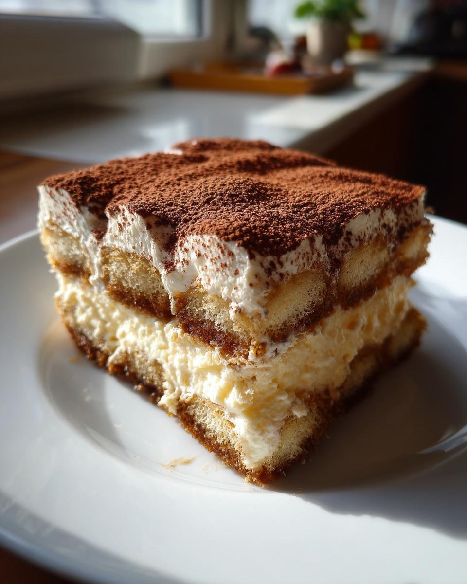 A decadent, layered slice of tiramisu recipe, dusted heavily with cocoa powder, sitting on a white plate.