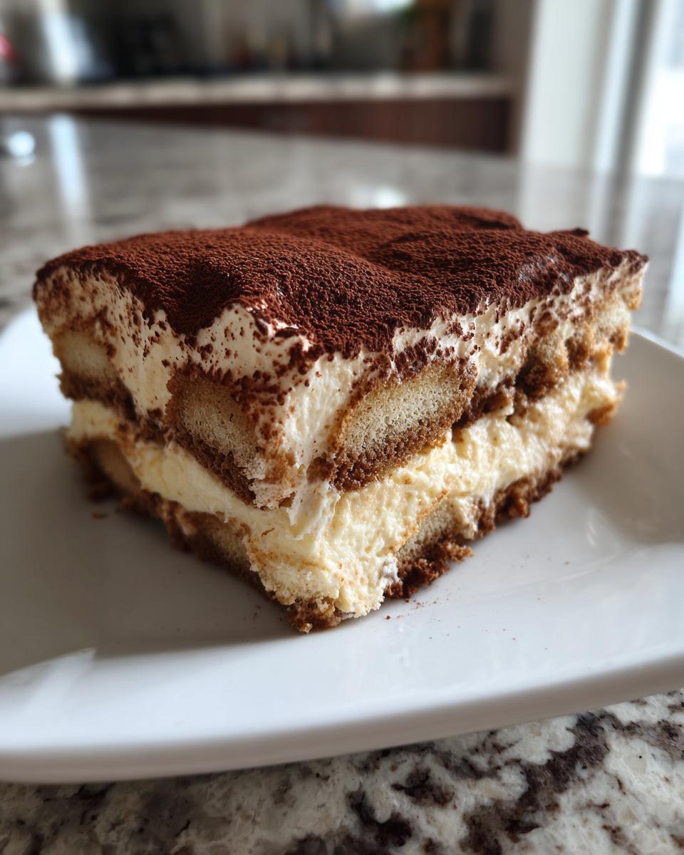 A close-up of a perfectly layered slice of tiramisu recipe, dusted heavily with cocoa powder.