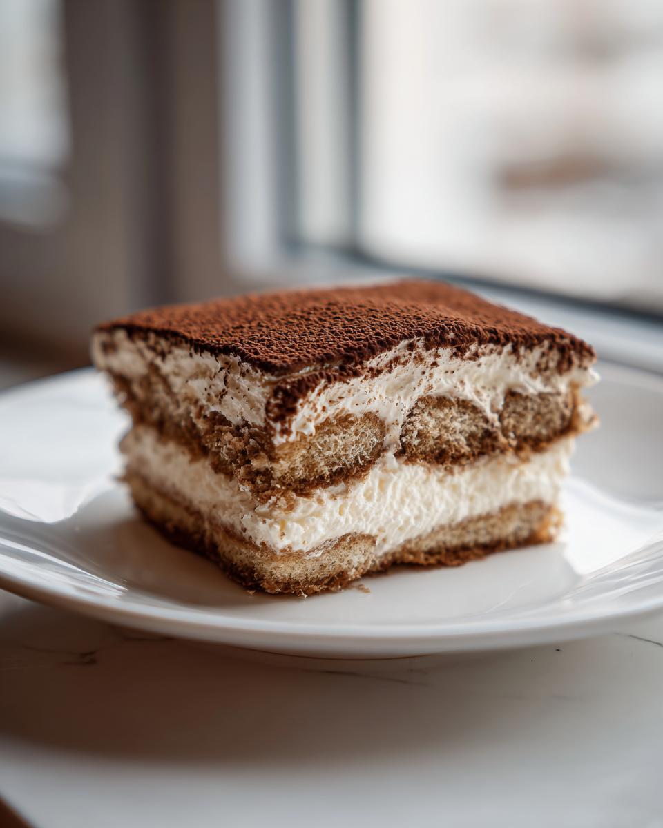 A perfect square slice of tiramisu recipe layered with cream and dusted with cocoa powder.