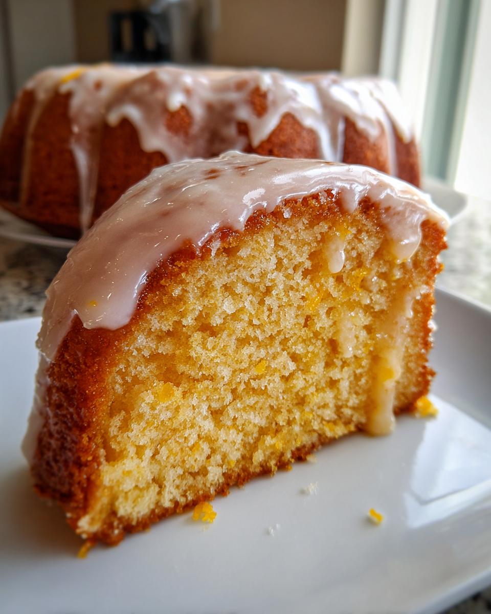 Close-up of a moist slice of orange juice cake with a thick citrus glaze dripping down the side.