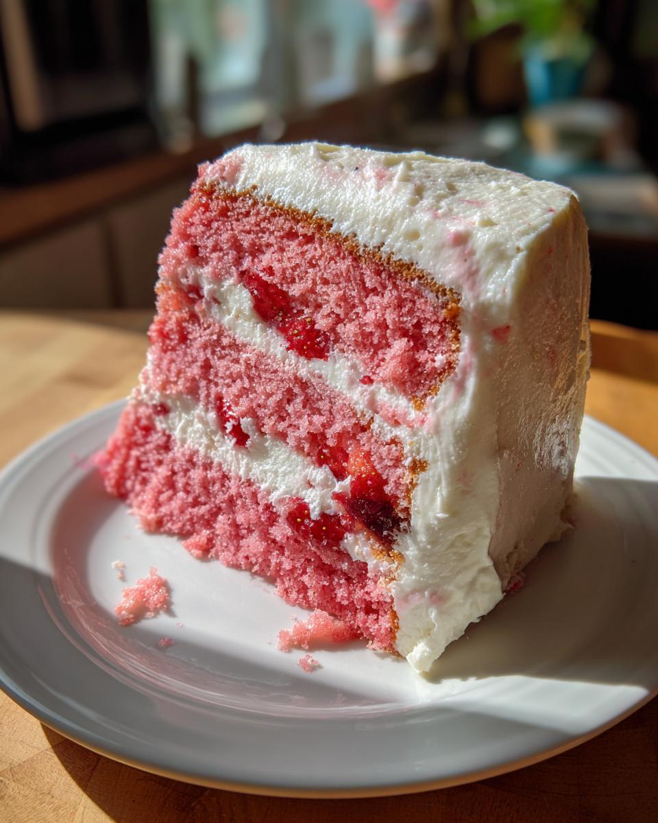 A tall slice of moist, pink strawberry cake layered with white frosting and visible strawberry pieces, sitting on a white plate.