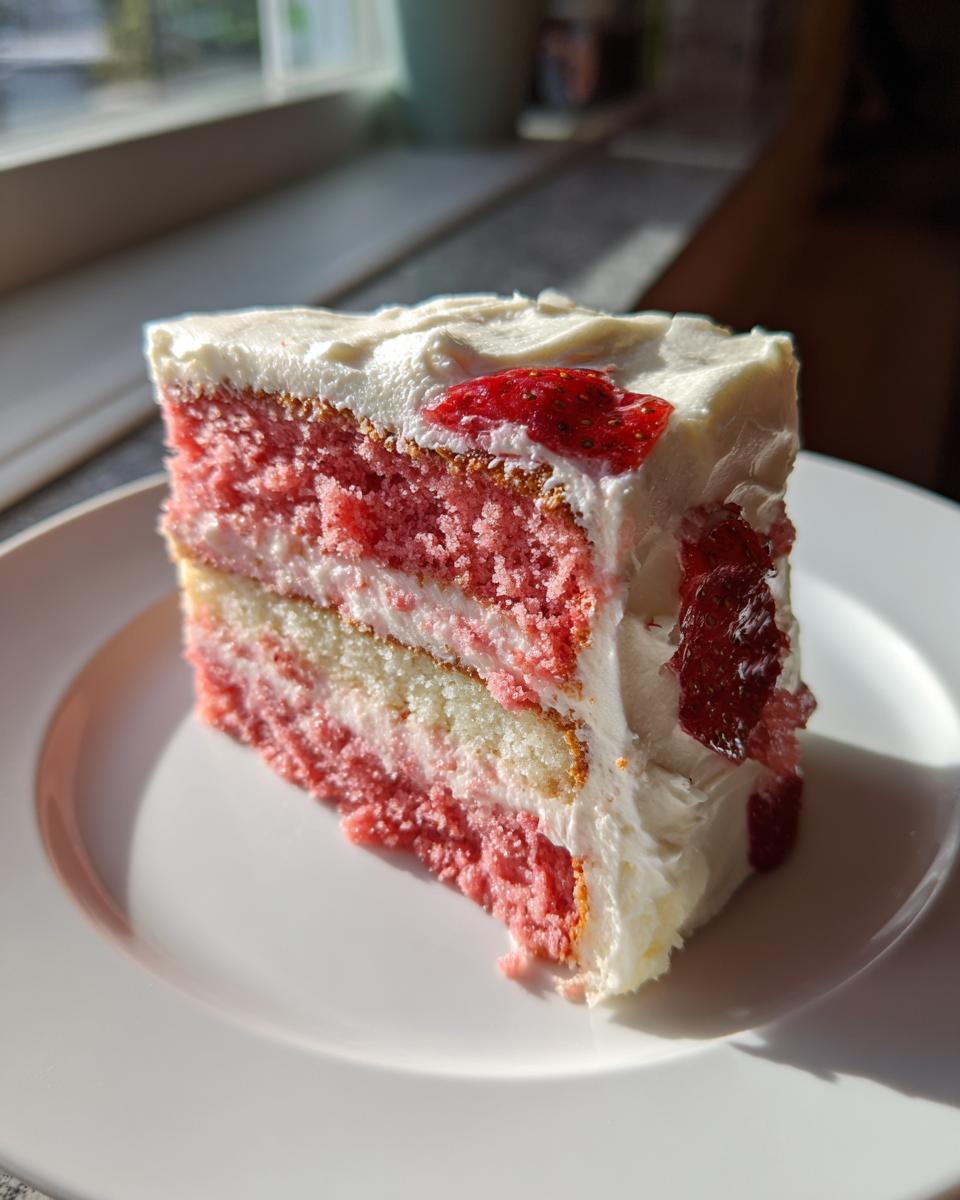 A tall slice of layered strawberry cake with white frosting and strawberry pieces, sitting on a white plate.