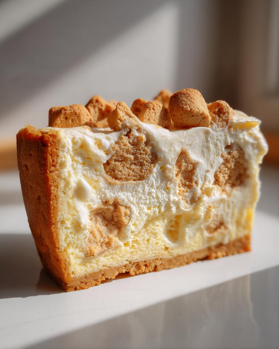 A close-up side view of a slice of sugar cookie cheesecake, showing the creamy filling mixed with cookie pieces and topped with cookie crumbles.