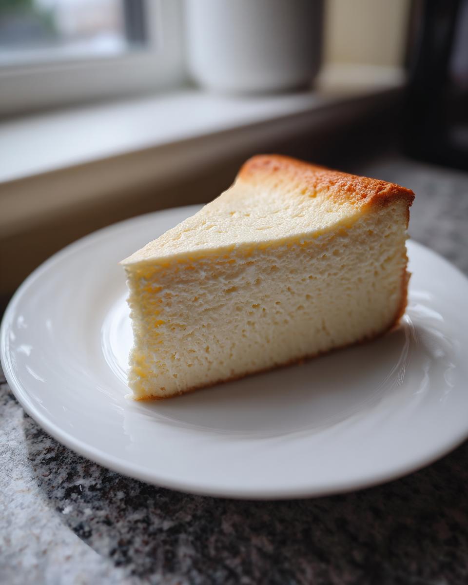 A single, thick slice of light and fluffy white chocolate cheesecake with a lightly browned top, served on a white plate.