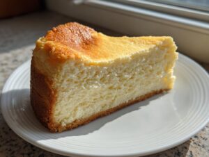 A thick, golden-brown topped slice of white chocolate cheesecake resting on a white plate.