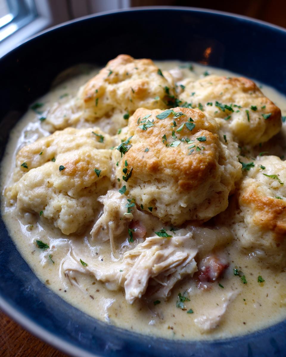 Close-up of creamy slow cooker chicken and dumplings topped with golden biscuits and fresh parsley.