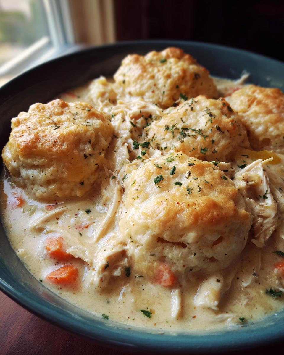 Close-up of creamy slow cooker chicken and dumplings topped with golden biscuits and parsley.