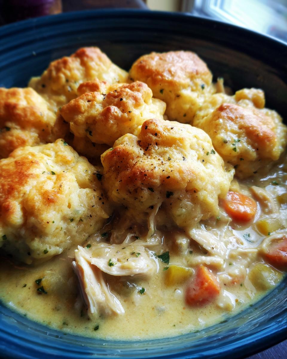 Close-up of fluffy, golden dumplings topping a rich stew of shredded chicken and vegetables in a bowl of slow cooker chicken and dumplings.