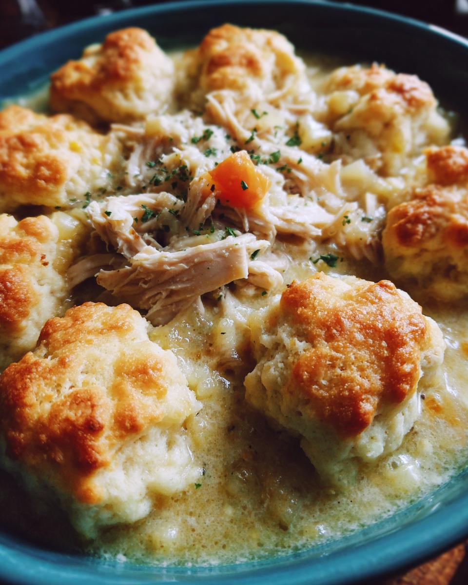 Close-up of creamy slow cooker chicken and dumplings topped with golden biscuits and parsley.