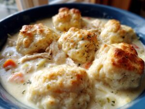 Close-up of fluffy, golden-brown dumplings atop creamy soup with shredded chicken in a bowl of slow cooker chicken and dumplings.