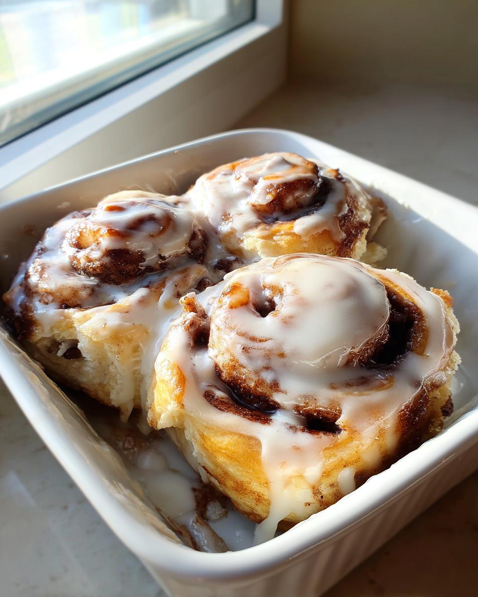 Three freshly baked small batch cinnamon rolls generously covered in white icing, sitting in a square white baking dish near a window.