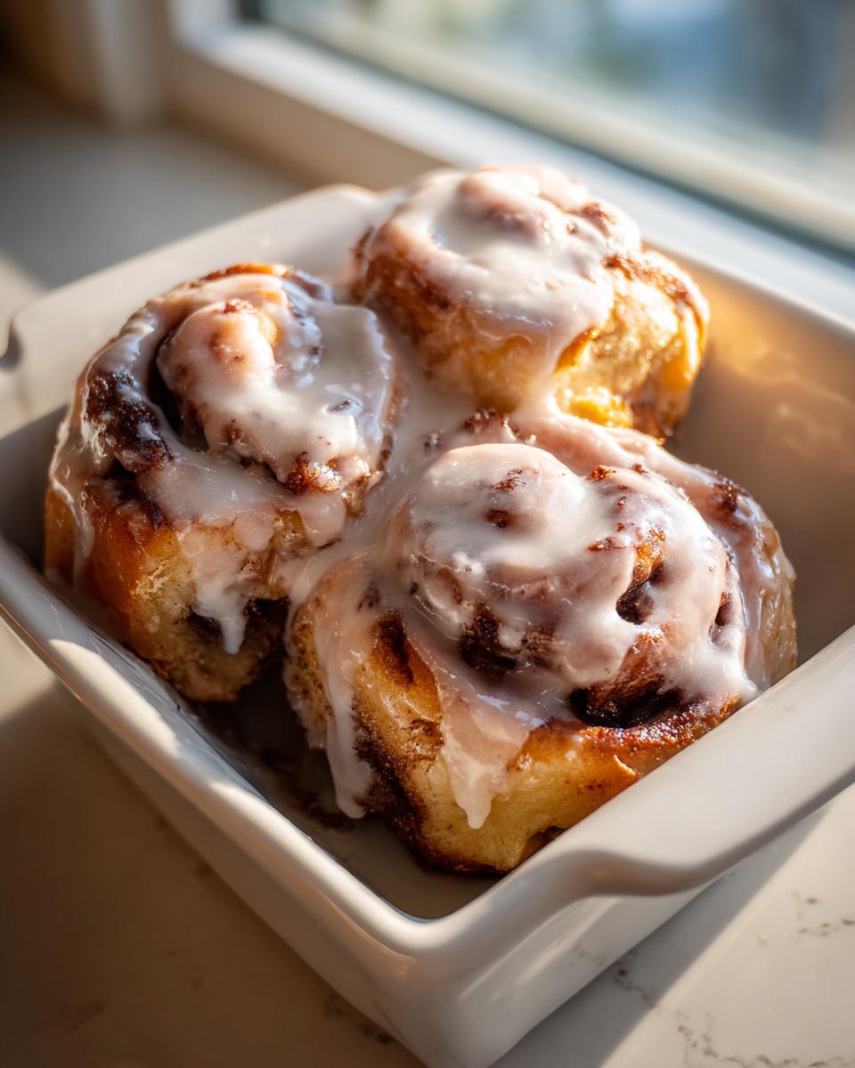 Three freshly baked small batch cinnamon rolls covered in thick white icing, sitting in a square white baking dish.