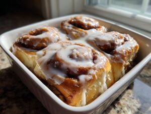 Four freshly baked small batch cinnamon rolls covered in thick white icing, nestled in a white baking dish.