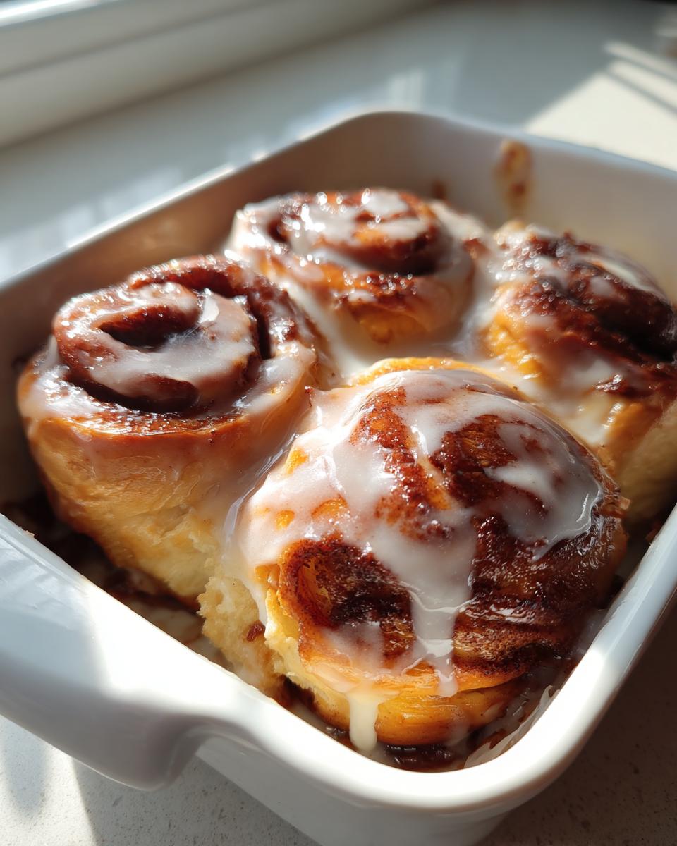 Four freshly baked small batch cinnamon rolls covered in white icing, sitting in a white baking dish.
