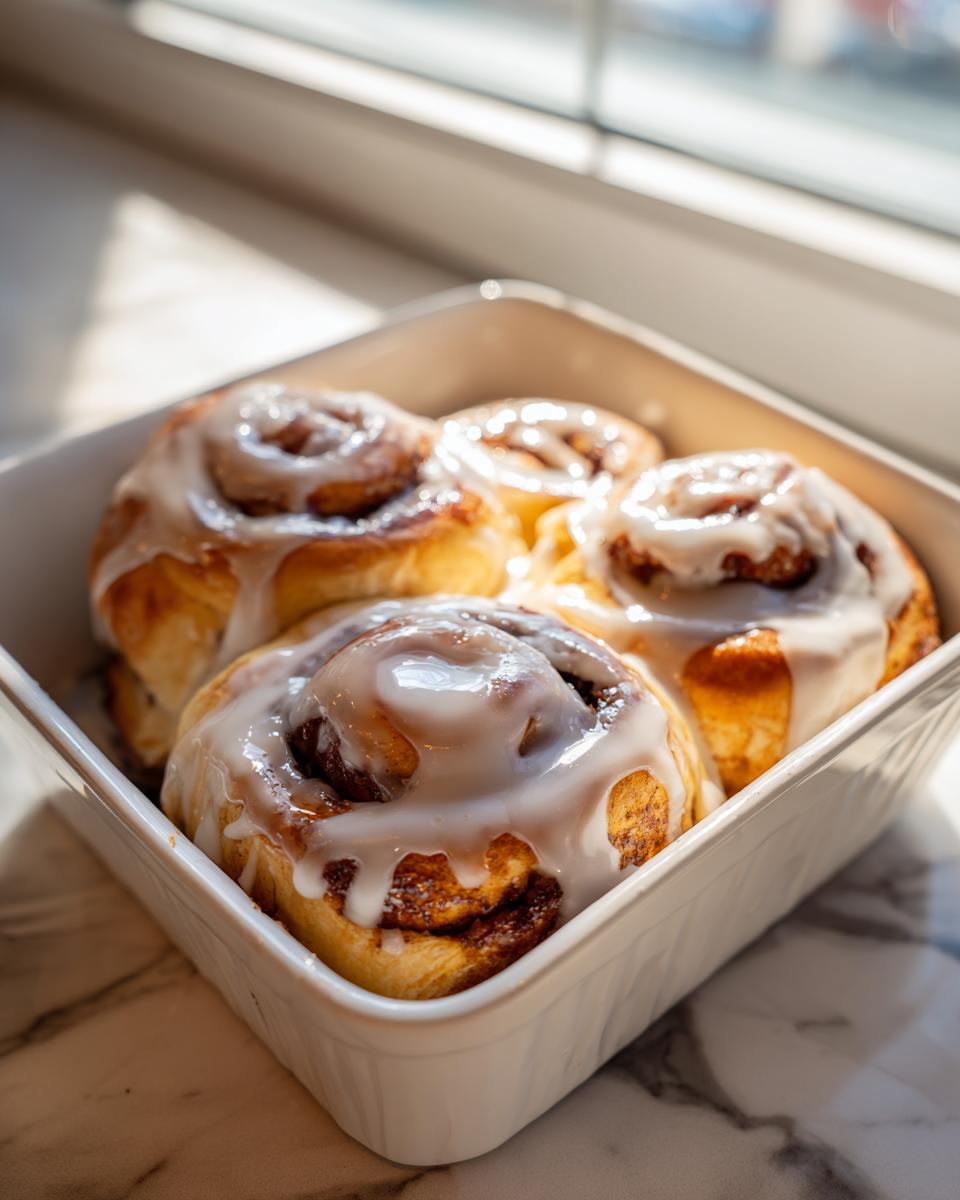 Four freshly baked small batch cinnamon rolls covered in thick white icing in a white baking dish.