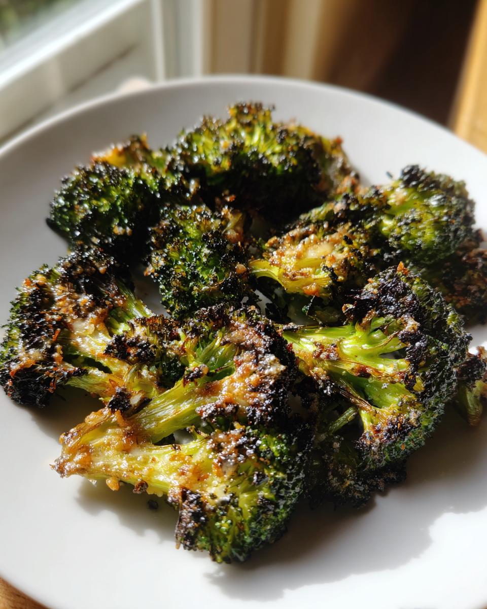 Close-up of crispy, charred smashed broccoli florets seasoned and served on a white plate.