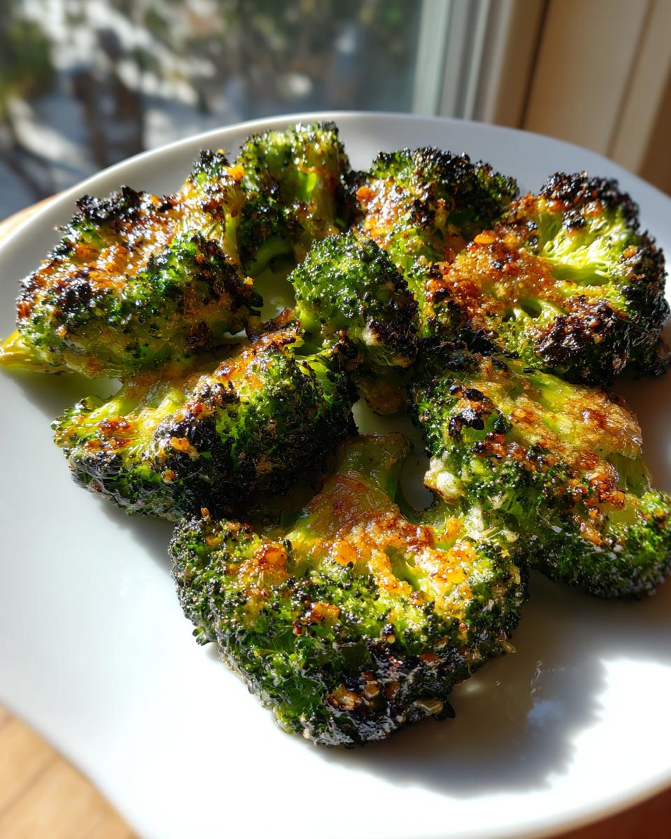 Close-up of crispy, charred smashed broccoli florets seasoned and served on a white plate.