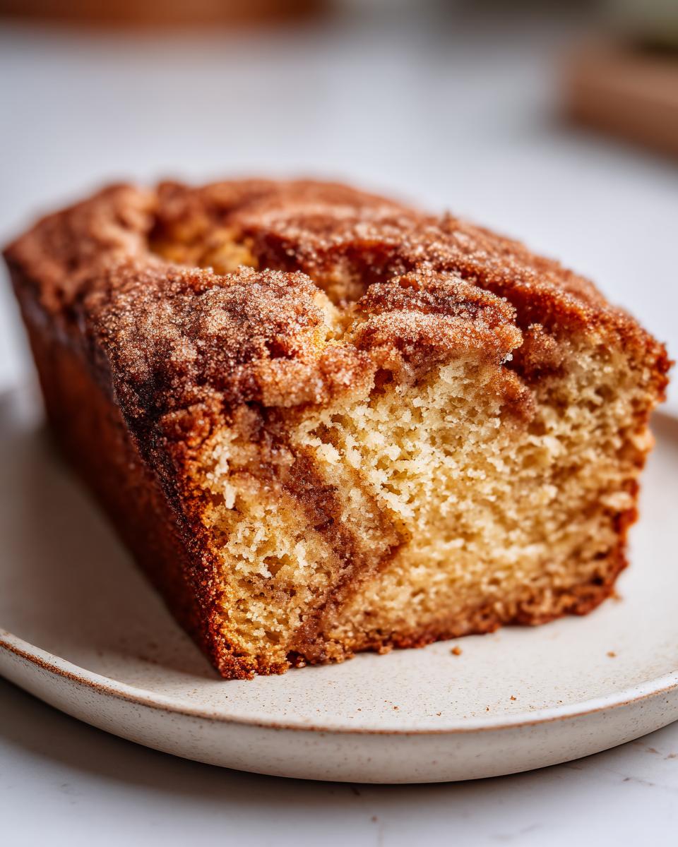 A close-up of a slice of moist snickerdoodle zucchini bread with a cinnamon-sugar topping on a speckled plate.