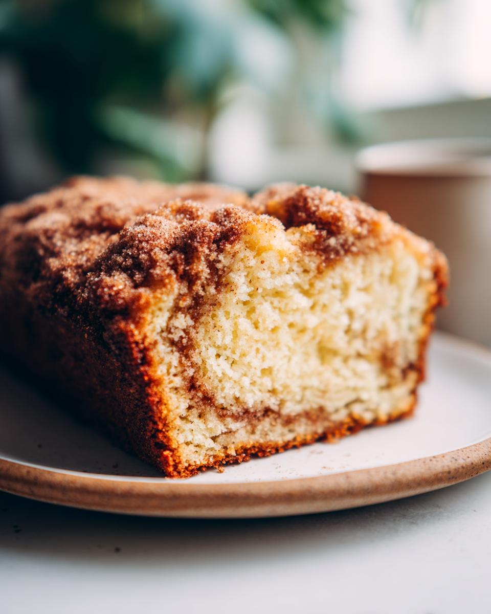 Close-up of a moist slice of snickerdoodle zucchini bread with a thick cinnamon-sugar topping.