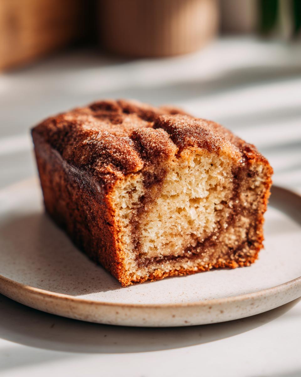 Close-up of a moist slice of snickerdoodle zucchini bread showing the cinnamon swirl and sugary topping.