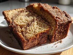 Two thick slices of moist snickerdoodle zucchini bread with a cinnamon-sugar topping on a white plate.