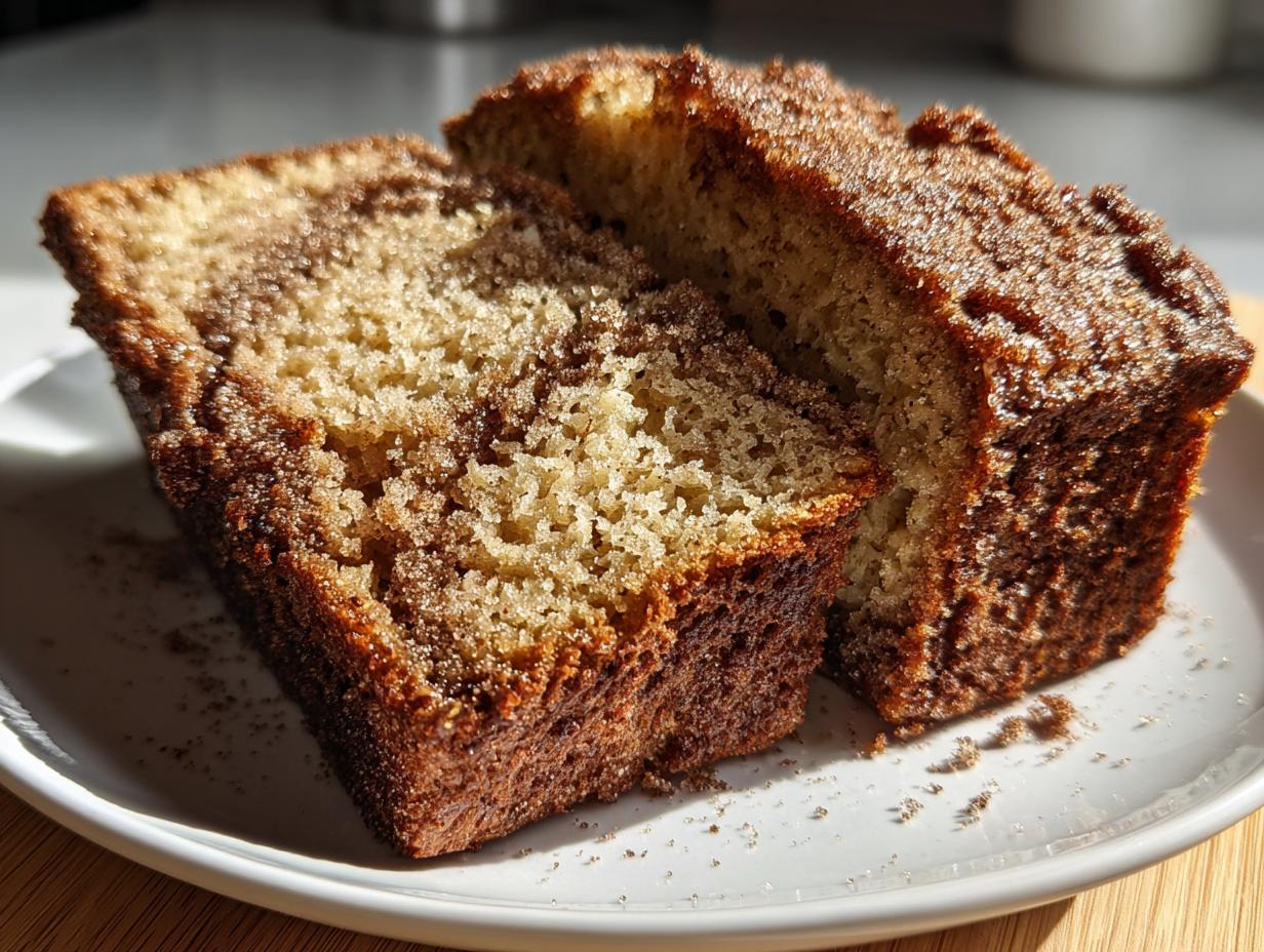 Two thick slices of moist snickerdoodle zucchini bread with a cinnamon-sugar topping on a white plate.