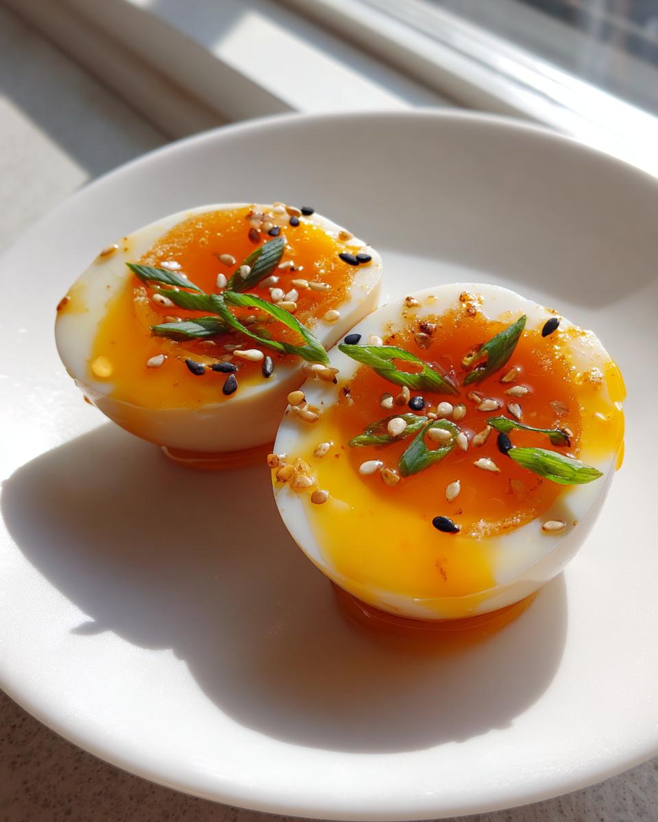 Two halves of soft-boiled marinated eggs with runny yolks, topped with sesame seeds and green onions.