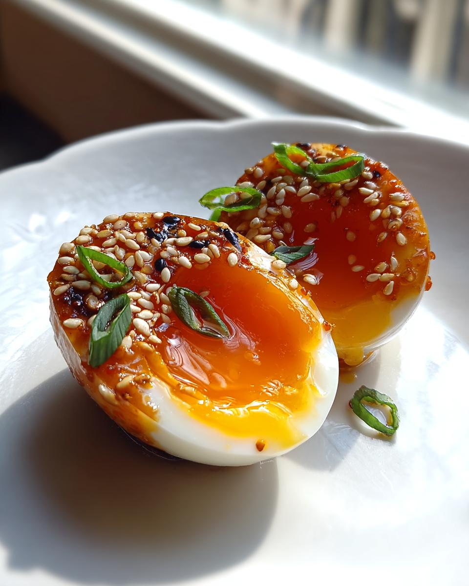 Two halves of soft-boiled marinated eggs, featuring jammy yolks, topped with sesame seeds and sliced green onions.
