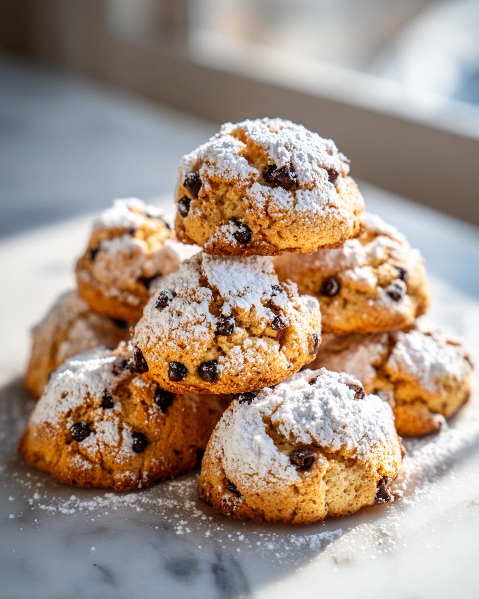 A close-up stack of soft cannoli cookies generously dusted with powdered sugar and studded with chocolate chips.